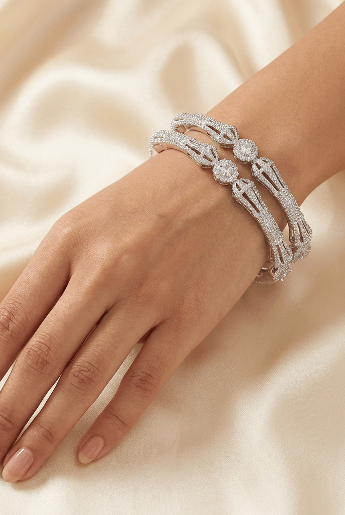 Diamond style silver elegant bangle - Pakistani women's luxury formal jewelry with brilliant open link structure front view