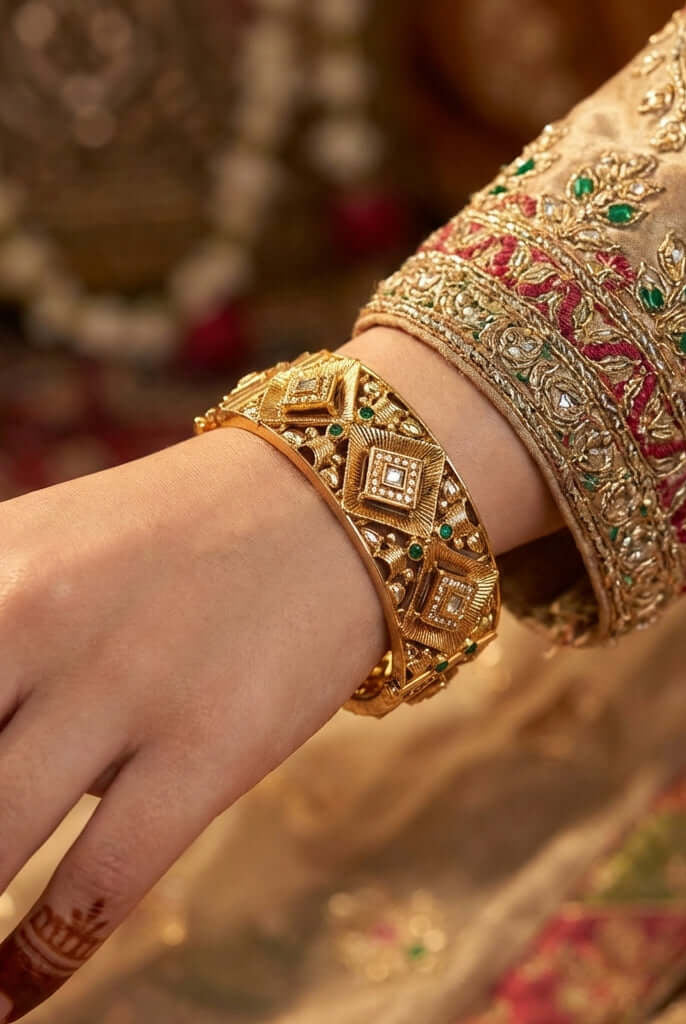 Royal gold bridal kundan bangle - Pakistani women's luxury bridal jewelry with intricate geometric motifs and crystal accents front view