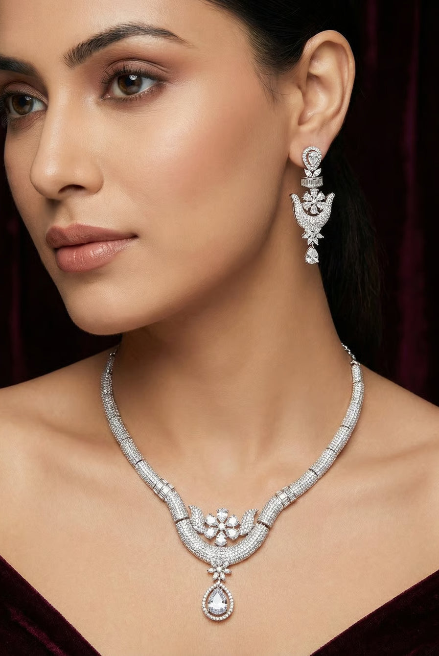 Crimson royalty necklace and earring set - Pakistani women's luxury bridal jewelry with ruby red teardrop stones and zircon clusters front view