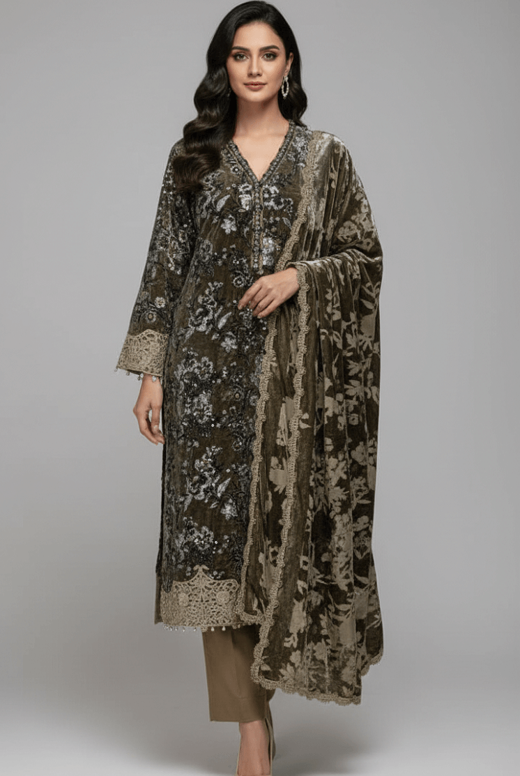 Pakistani women's light brown velvet A-Line shirt back view