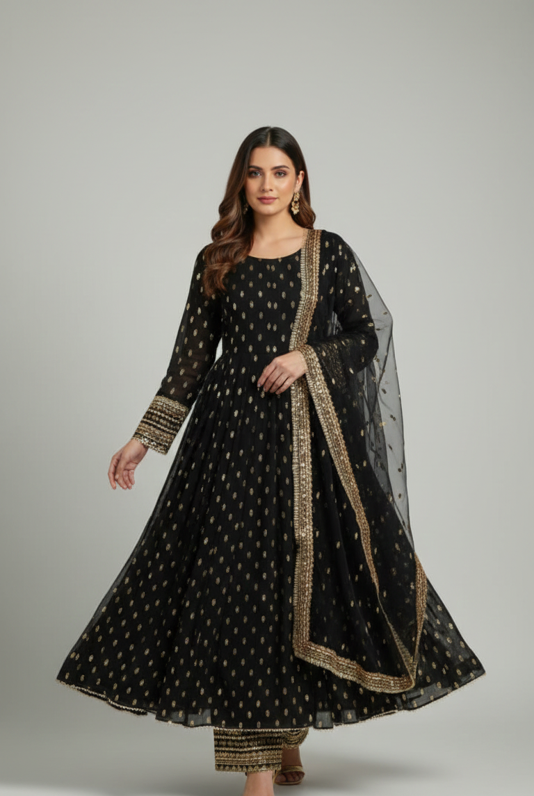 Chiffon straight shirt plazo - Pakistani women's elegant party wear with viscose plazo and chiffon dupatta front view