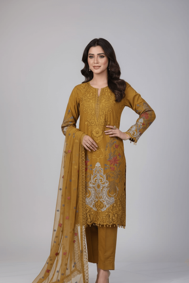 Chiffon straight shirt plazo mustard yellow - Pakistani women's party wear with grip plazo and organza dupatta front view