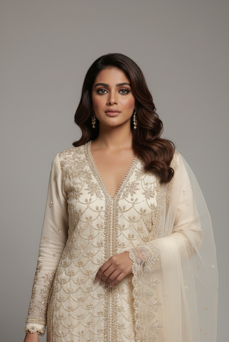 Organza straight shirt plazo off white - Pakistani women's formal party wear with grip plazo and organza dupatta front view