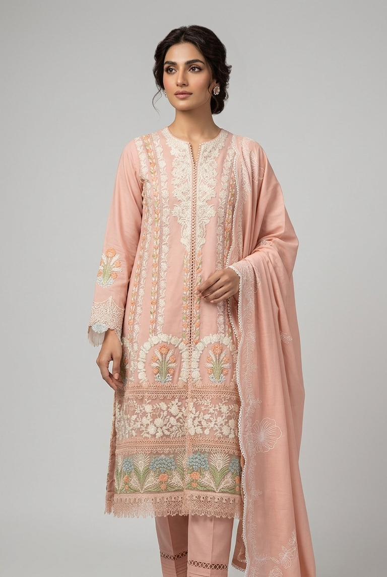 Viscose open gown shirt peach - Pakistani women's elegant formal wear with viscose trouser and soft net dupatta front view