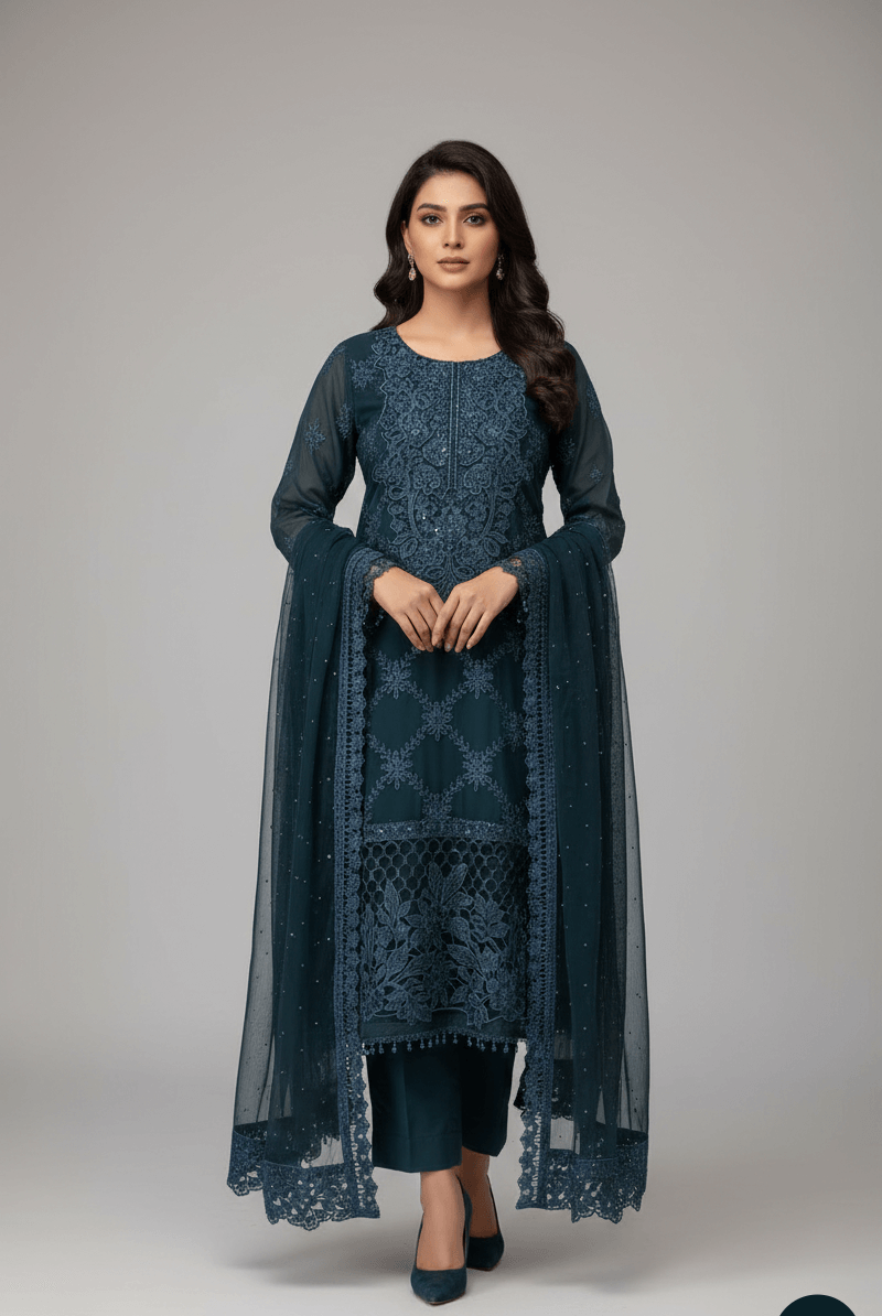 Chiffon straight shirt zinc grey - Pakistani women's formal party wear with grip trouser and chiffon dupatta front view
