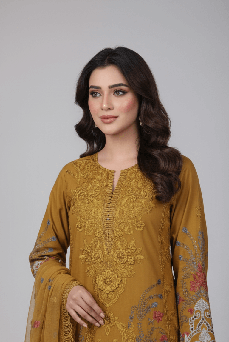 Mustard yellow chiffon Pakistani women's straight shirt with plazo side view