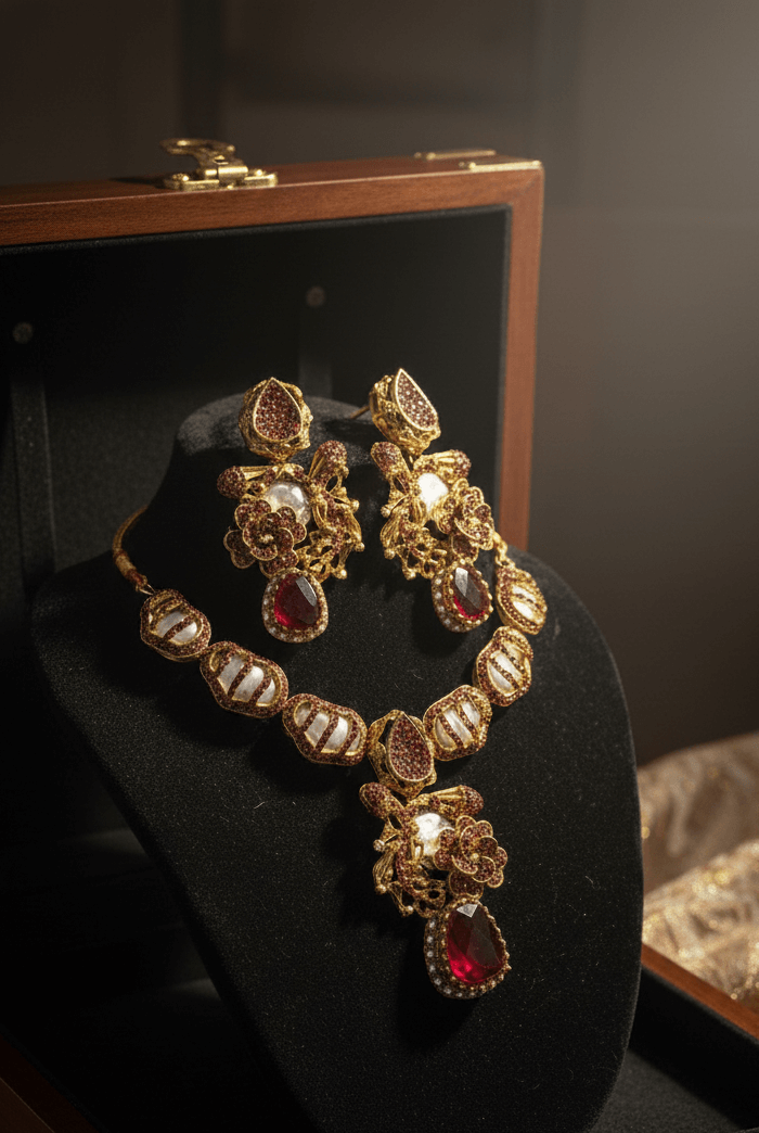 Ruby heritage necklace set - Pakistani women's luxury bridal jewelry with ruby stones and gold tone finish front view
