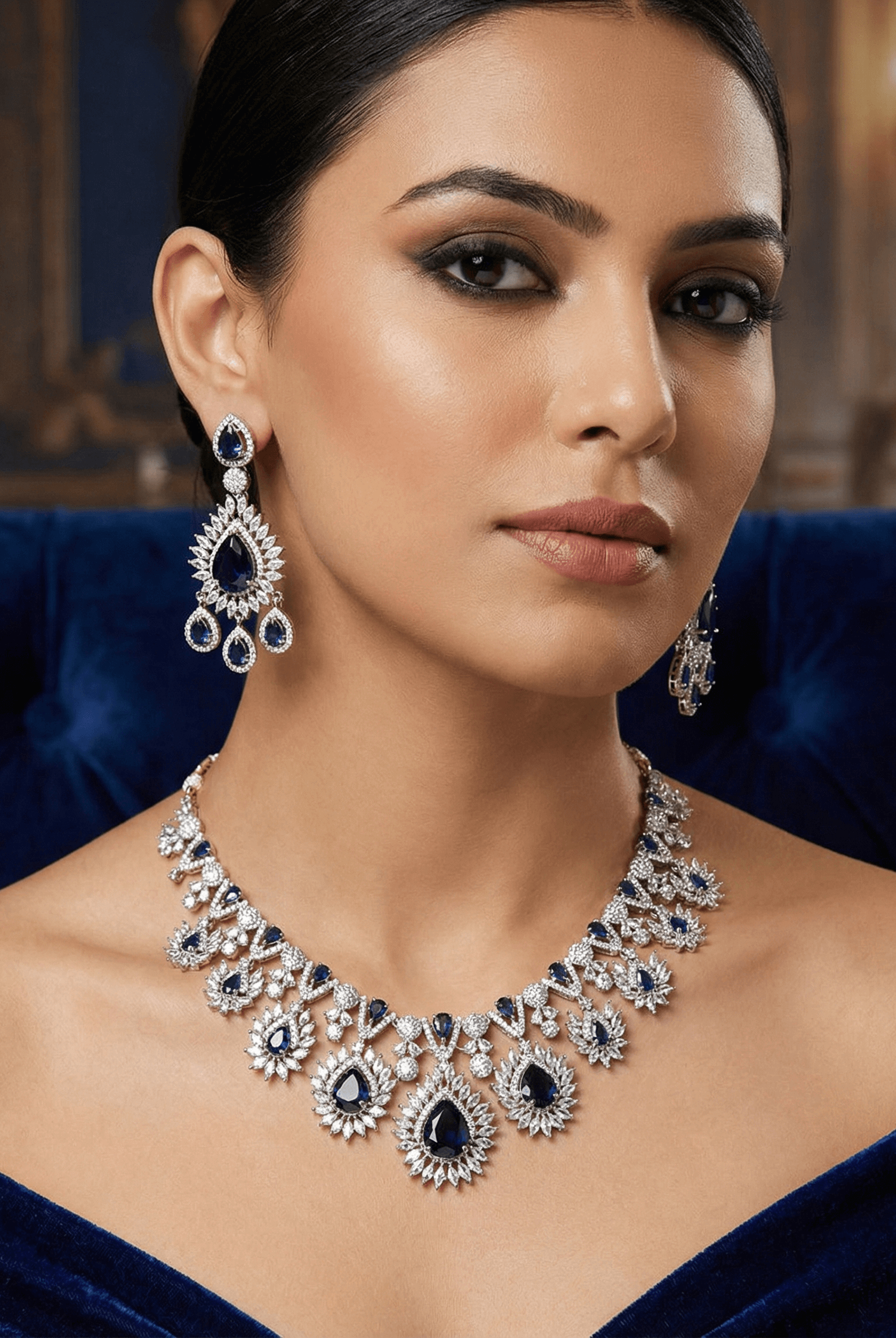 Pakistani women's royal sapphire sunburst luxury necklace set side view