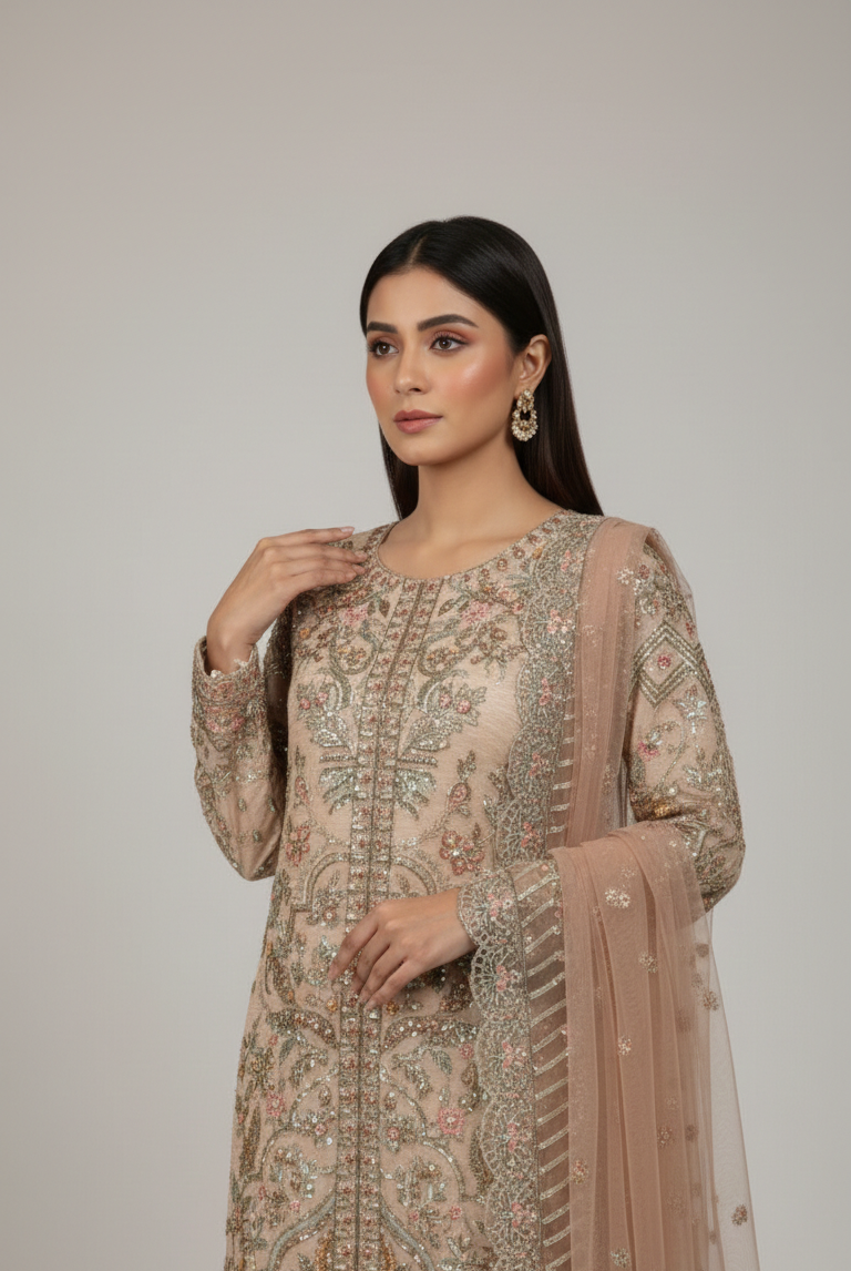 Skin soft net Pakistani women's long shirt with plazo side view