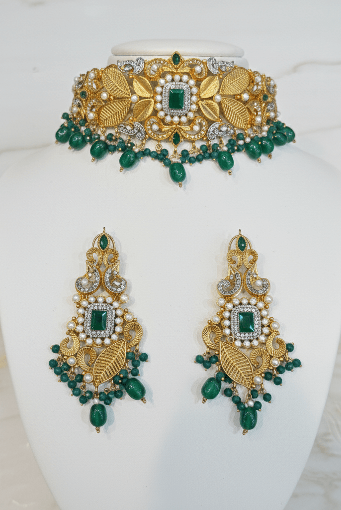 Pakistani women's emerald leaf pearl choker set side view
