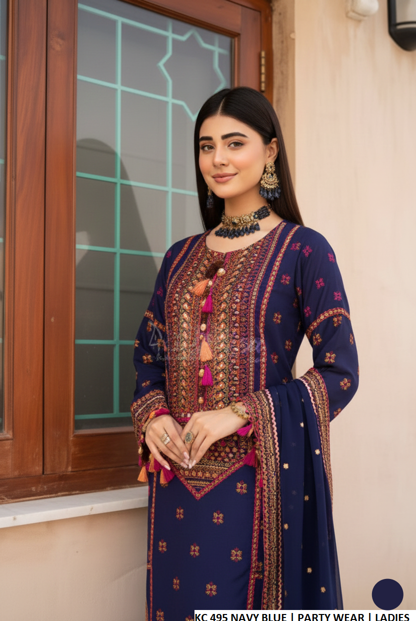 Navy blue silk Pakistani women's long shirt with plazo side view
