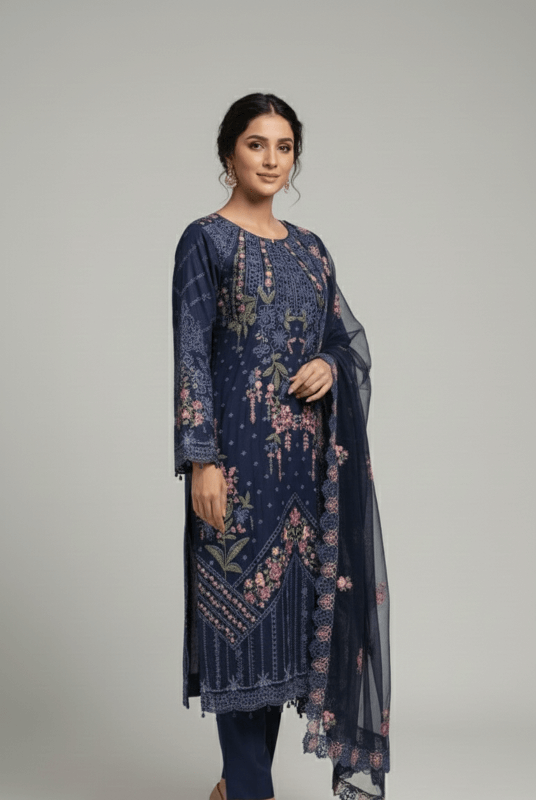 Pakistani women's navy blue chiffon straight shirt plazo back view