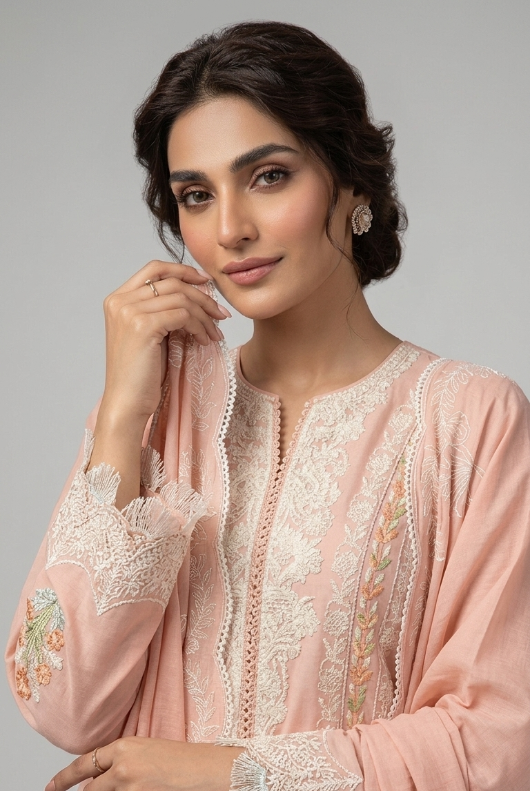Peach viscose Pakistani women's open gown shirt side view