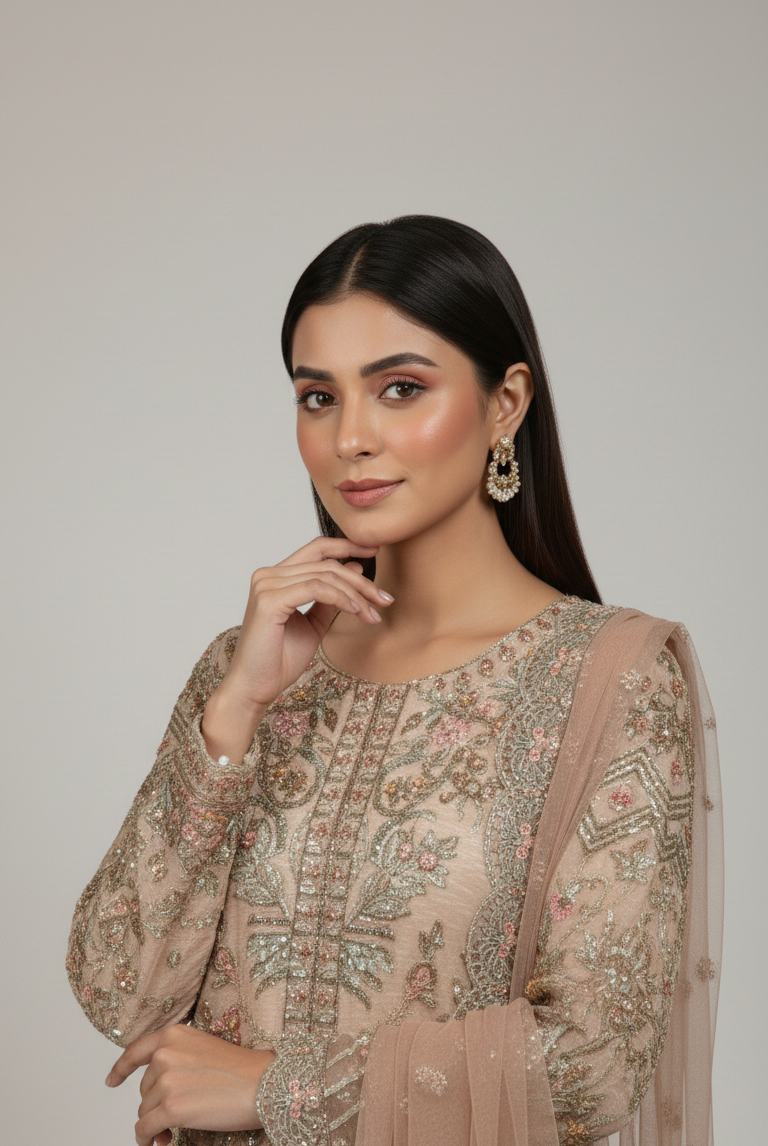 Pakistani women's skin soft net long shirt plazo back view