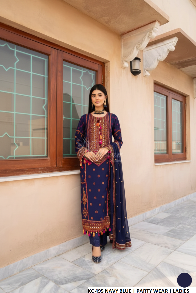 Silk long shirt plazo navy blue - Pakistani women's luxury formal wear with silk dupatta front view
