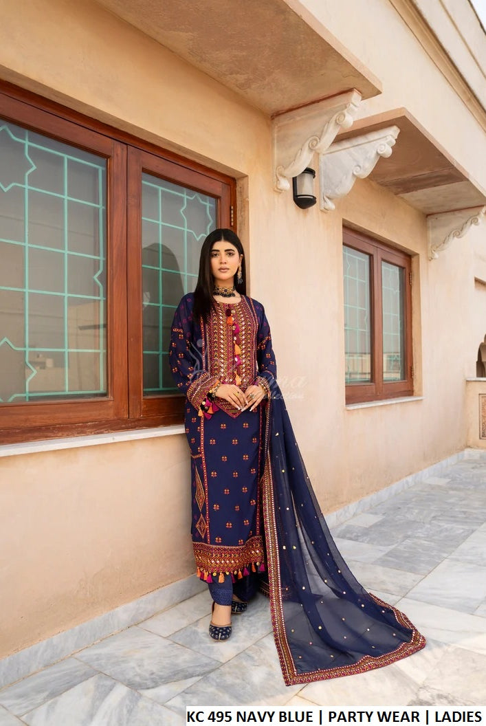 Pakistani women's navy blue silk long shirt plazo back view