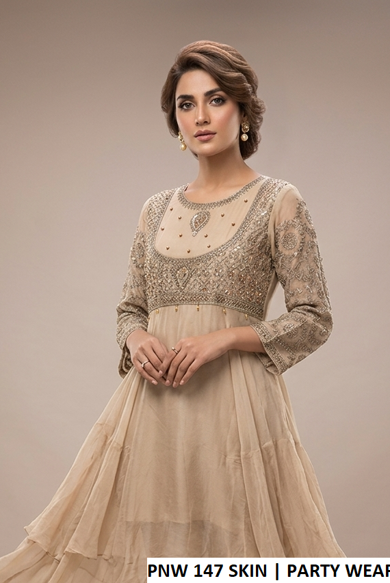 Chiffon short frock skin - Pakistani women's elegant casual wear with grip trouser and chiffon dupatta front view