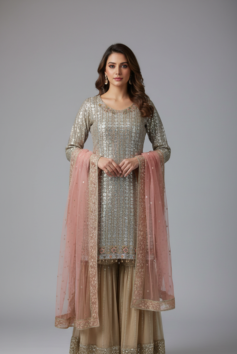Chiffon straight shirt plazo beige - Pakistani women's formal party wear with viscose plazo and soft net dupatta front view