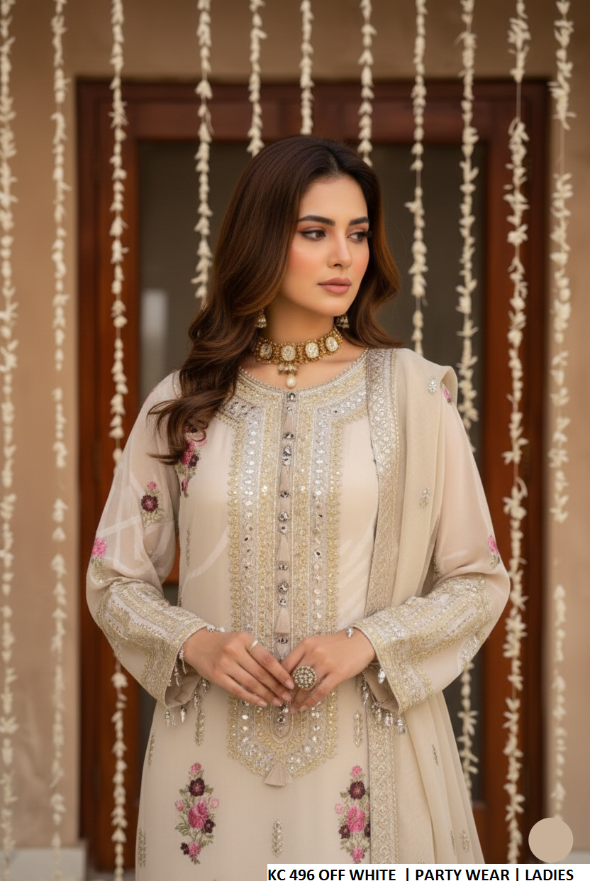 Off white silk Pakistani women's long kaftan with plazo side view
