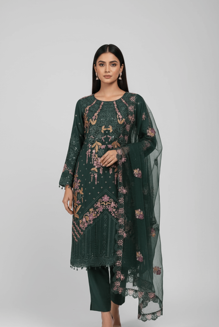 Chiffon straight shirt plazo bottle green - Pakistani women's party wear with viscose plazo and chiffon dupatta front view