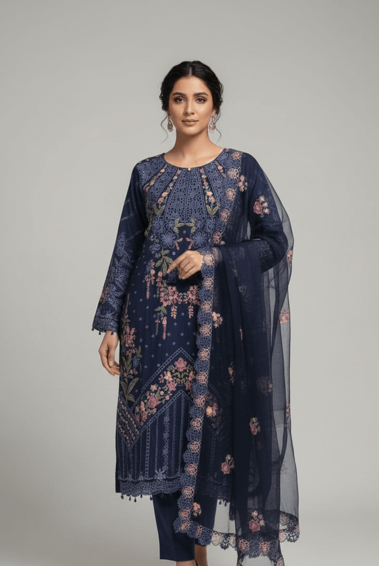 Chiffon straight shirt plazo navy blue - Pakistani women's party wear with viscose plazo and chiffon dupatta front view