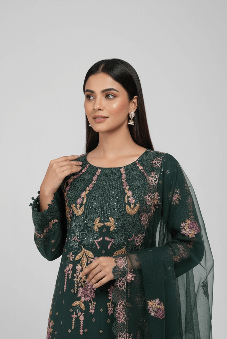 Bottle green chiffon Pakistani women's straight shirt with plazo side view