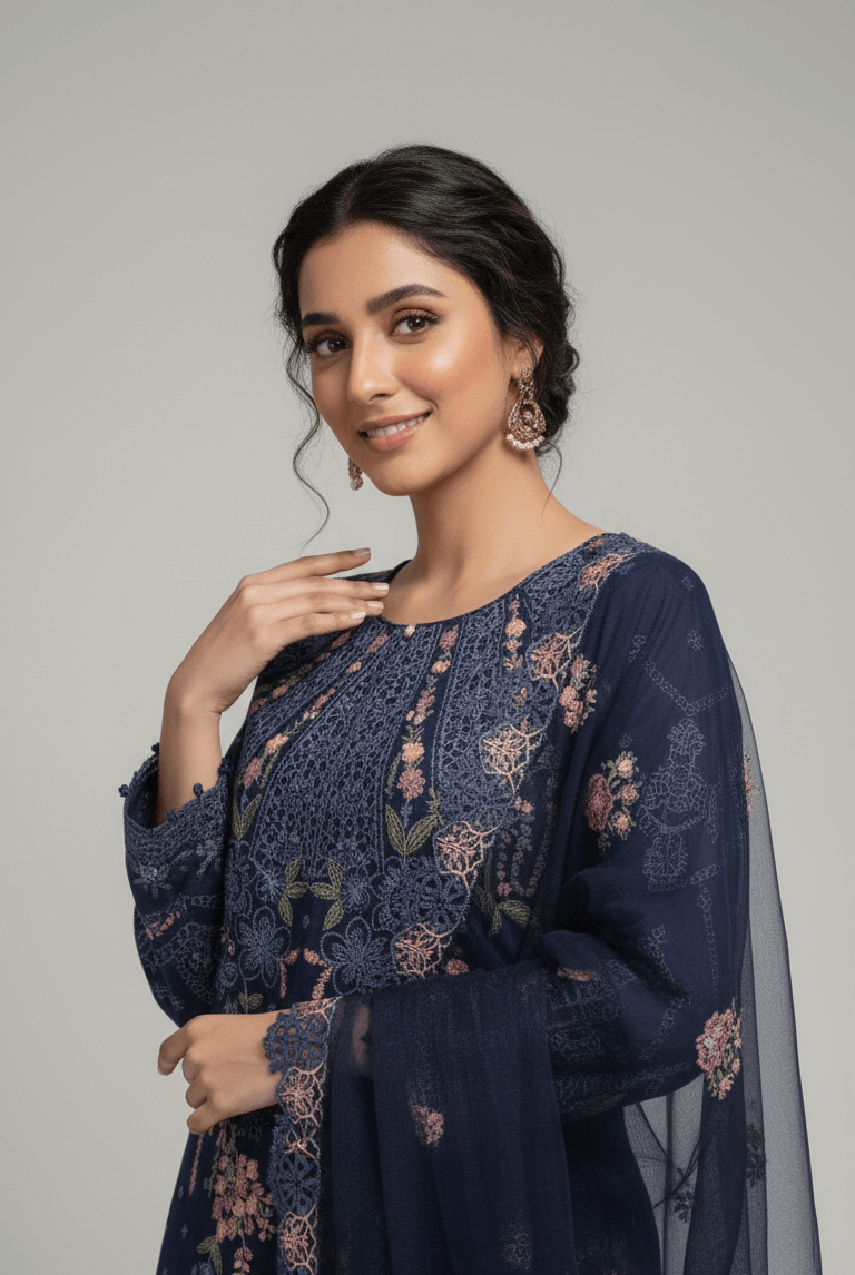 Navy blue chiffon Pakistani women's straight shirt with plazo side view