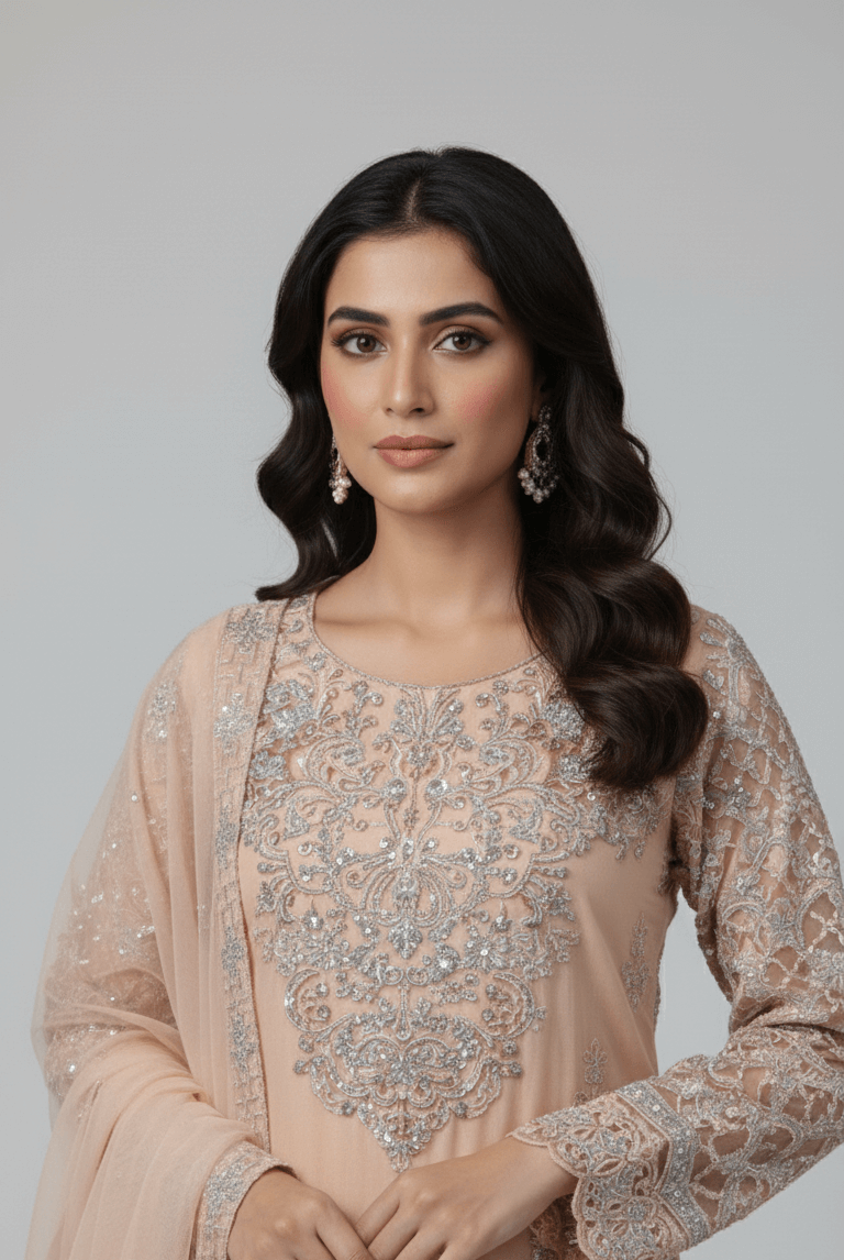 Peach organza Pakistani women's straight shirt side view