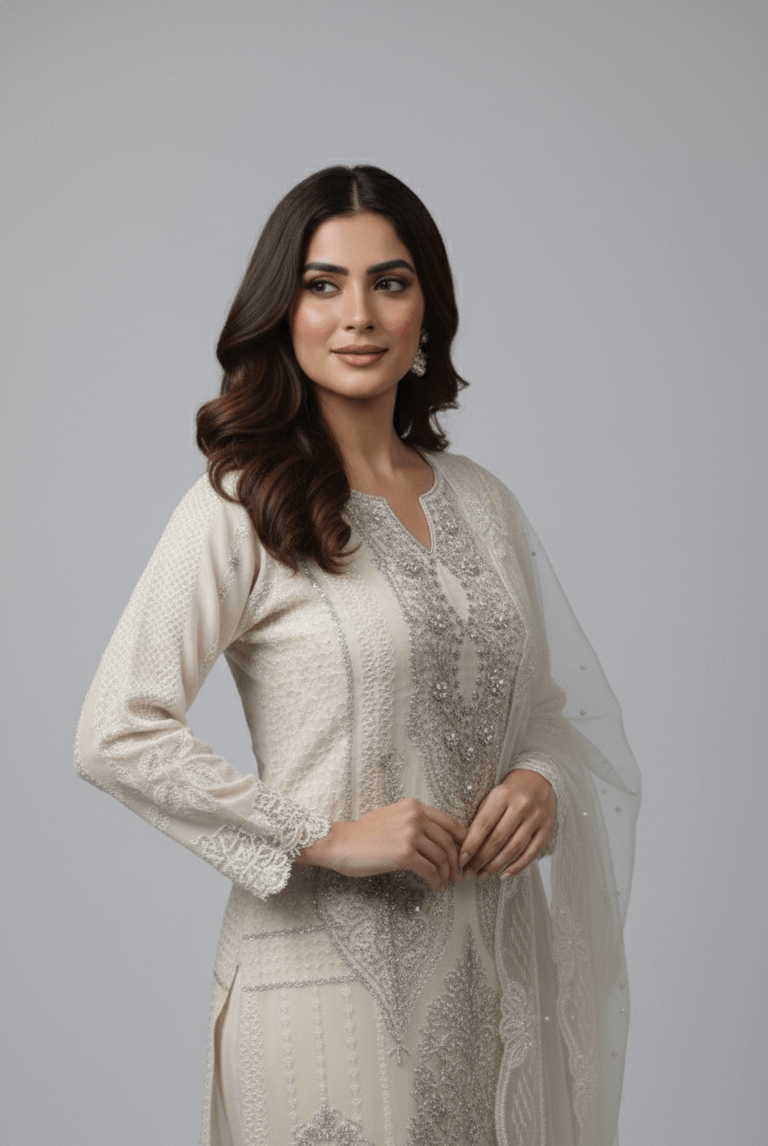 Pakistani women's chiffon straight shirt with plazo side view
