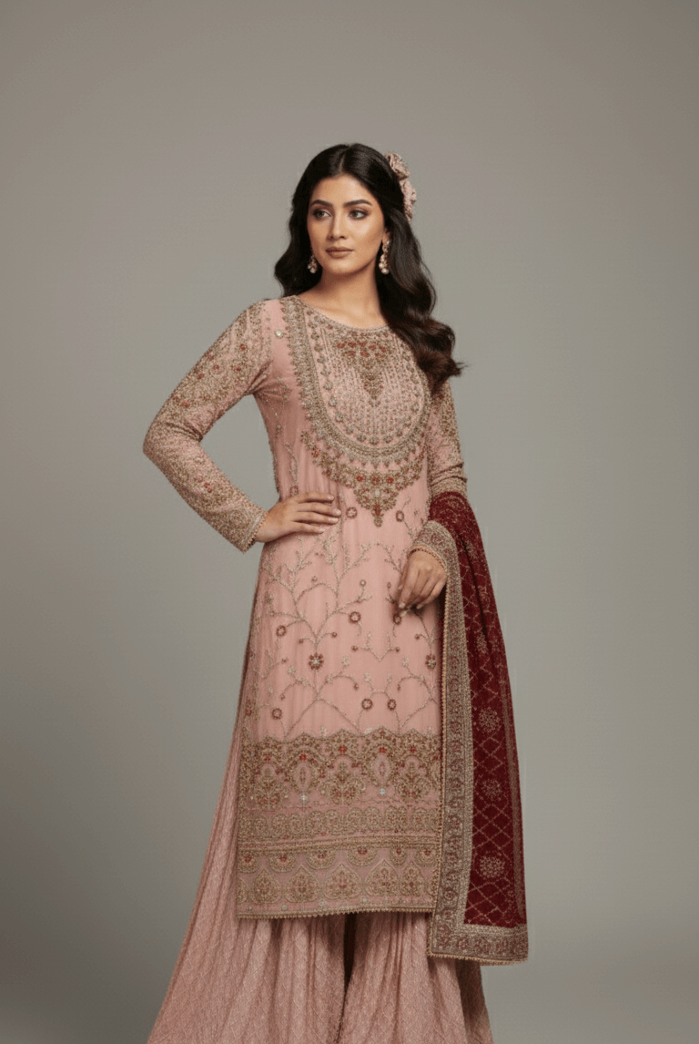 Chiffon straight shirt plazo tea pink - Pakistani women's party wear with grip plazo and organza dupatta front view
