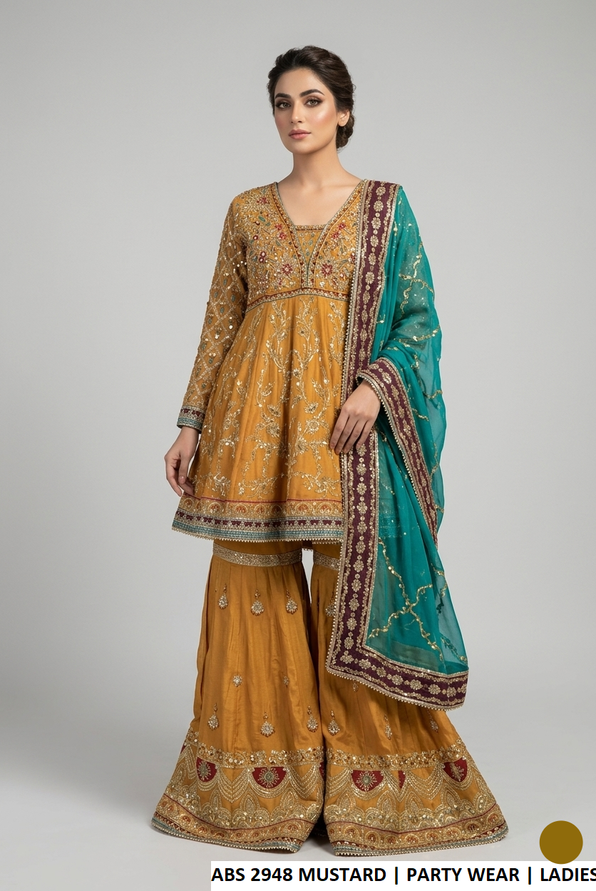 Chiffon short frock gharara mustard yellow - Pakistani women's festive party wear with chiffon dupatta front view