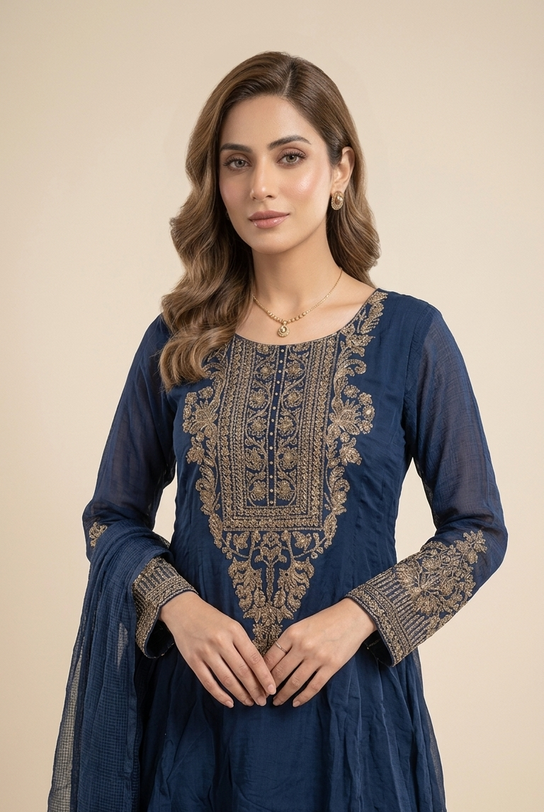 Navy blue chiffon Pakistani women's short frock side view