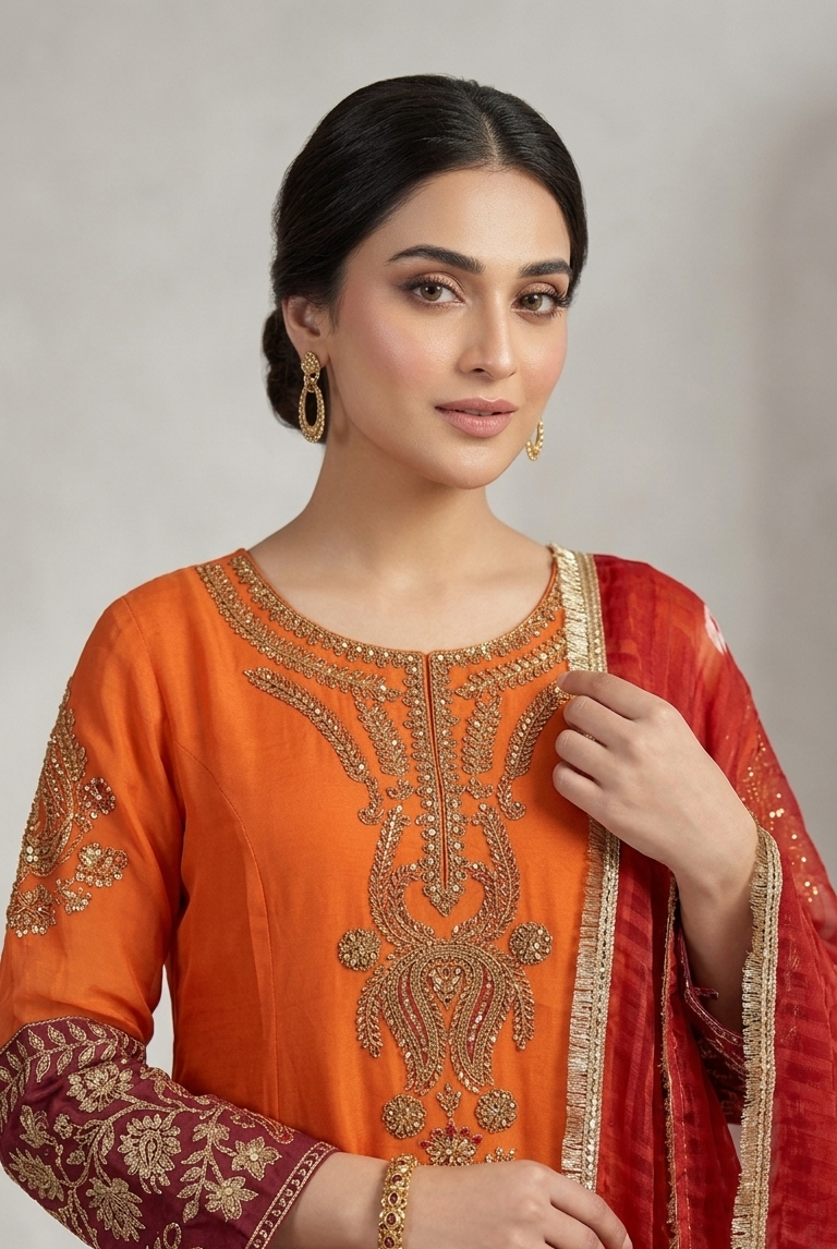 Orange chiffon Pakistani women's frock with plazo side view