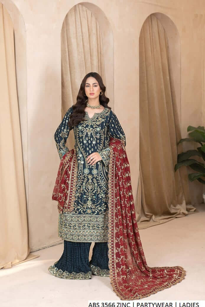 Chiffon straight shirt plazo zinc grey - Pakistani women's formal party wear with viscose plazo and chiffon dupatta front view