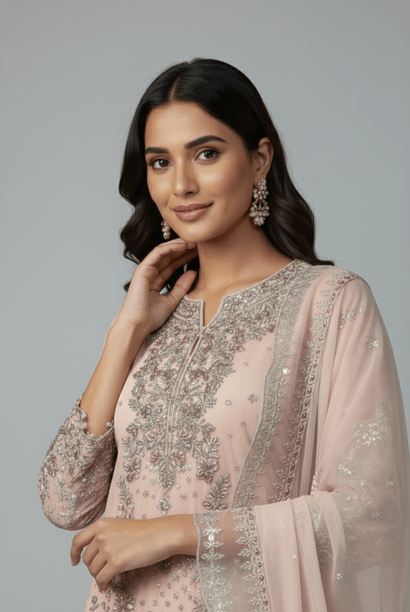 Pink organza Pakistani women's A-Line shirt side view