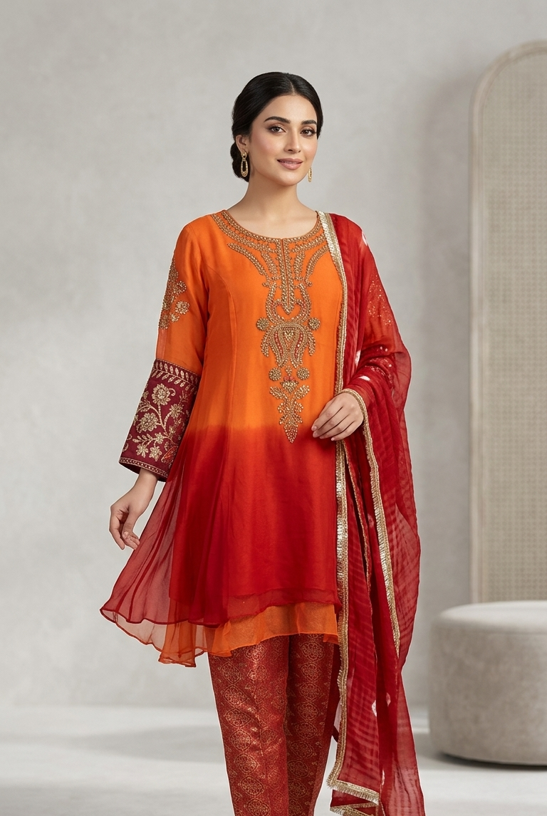 Chiffon frock plazo orange - Pakistani women's elegant party wear with jamawar trouser and chiffon dupatta front view