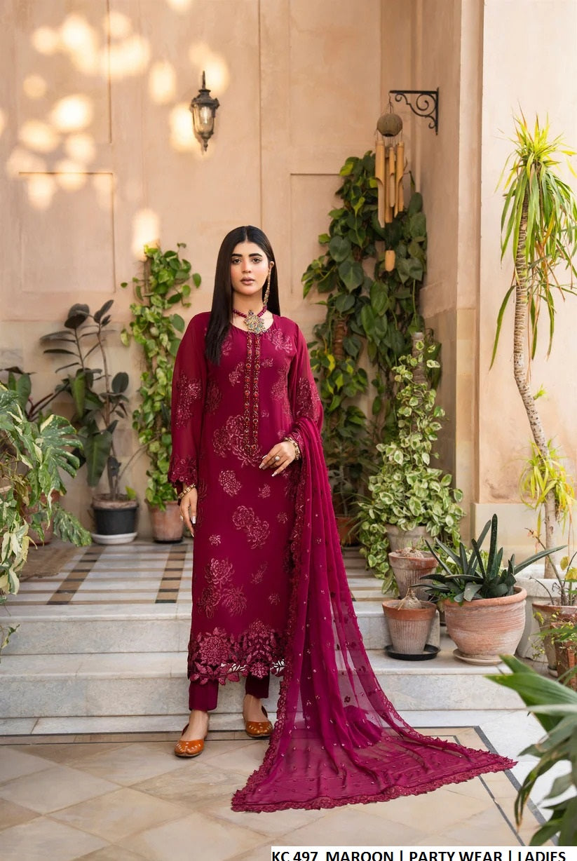 Pakistani women's maroon silk long A-Line shirt plazo back view