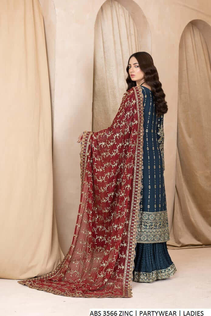 Pakistani women's zinc grey chiffon straight shirt plazo back view