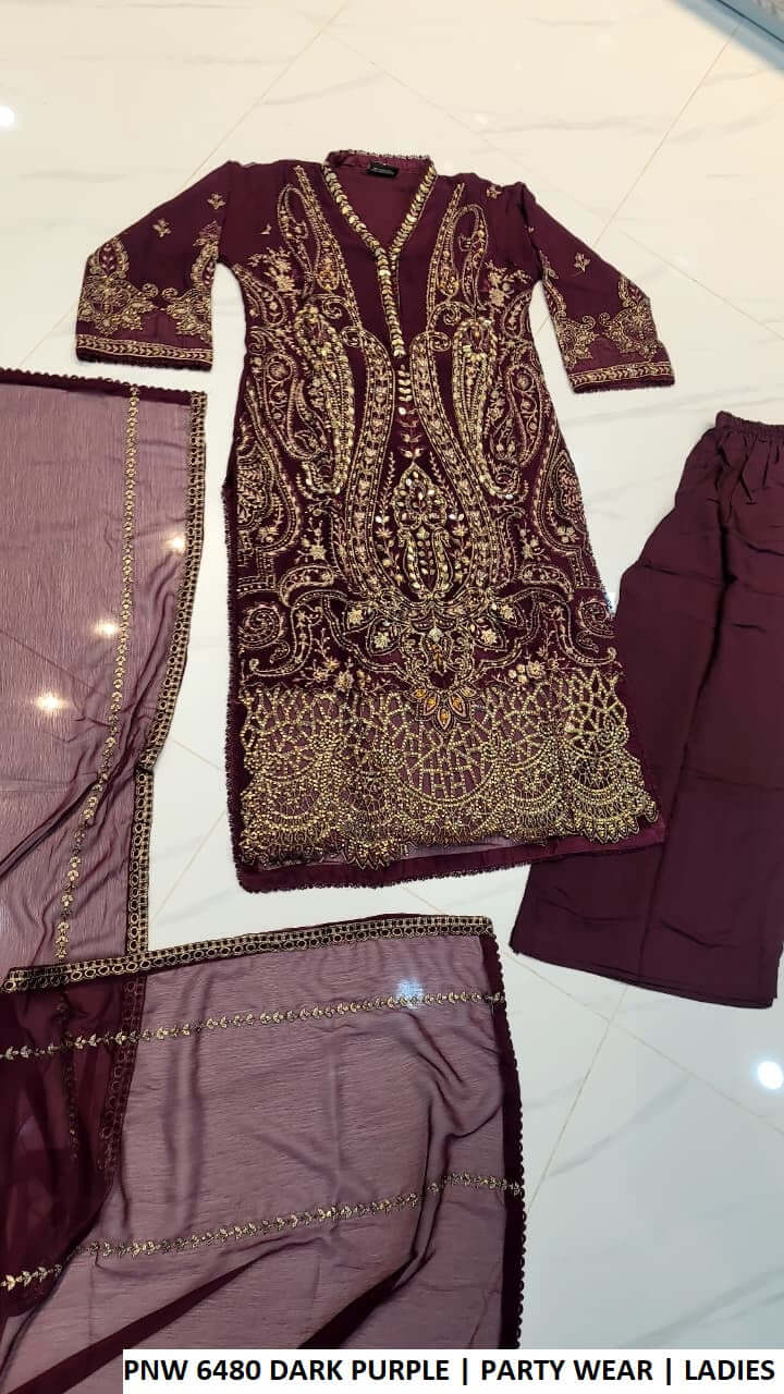PNW 6480 DARK PURPLE dress with chiffon shirt, viscose trouser and dupatta, luxury party wear for women.