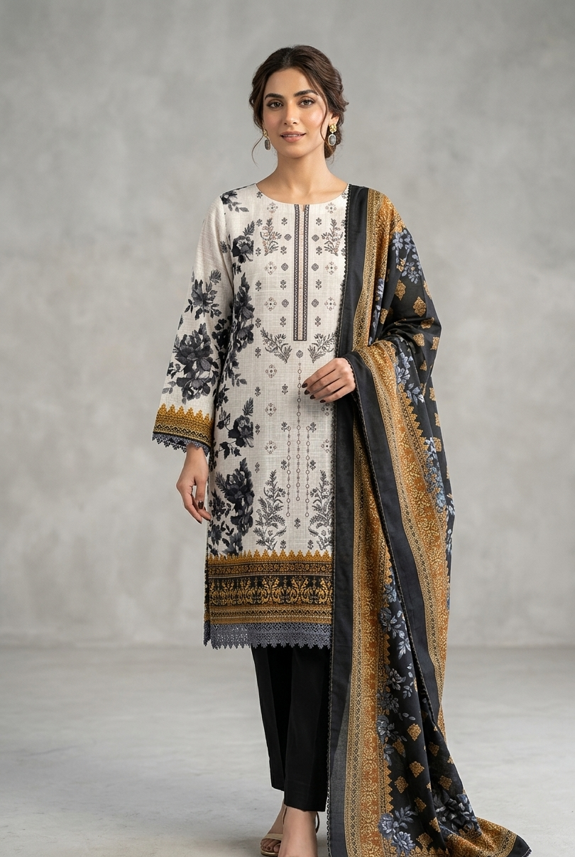 Khaddar straight shirt white - Pakistani women's winter 3-piece suit with khaddar trouser and dupatta front view