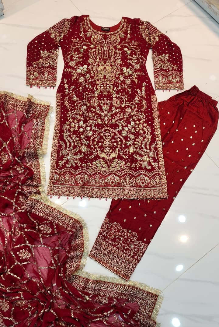 Pakistani women's maroon chiffon straight shirt with shalwar back view