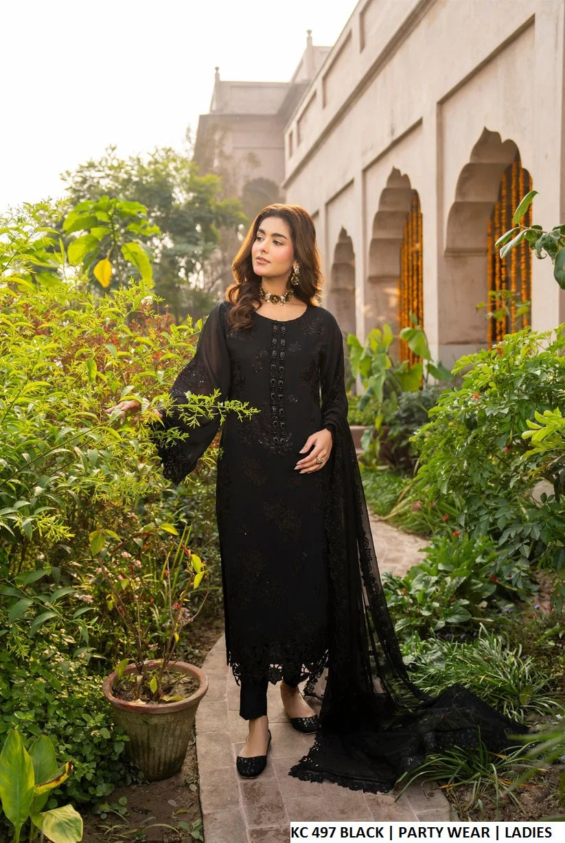 Silk long A-Line shirt plazo black - Pakistani women's luxury formal wear with silk dupatta front view