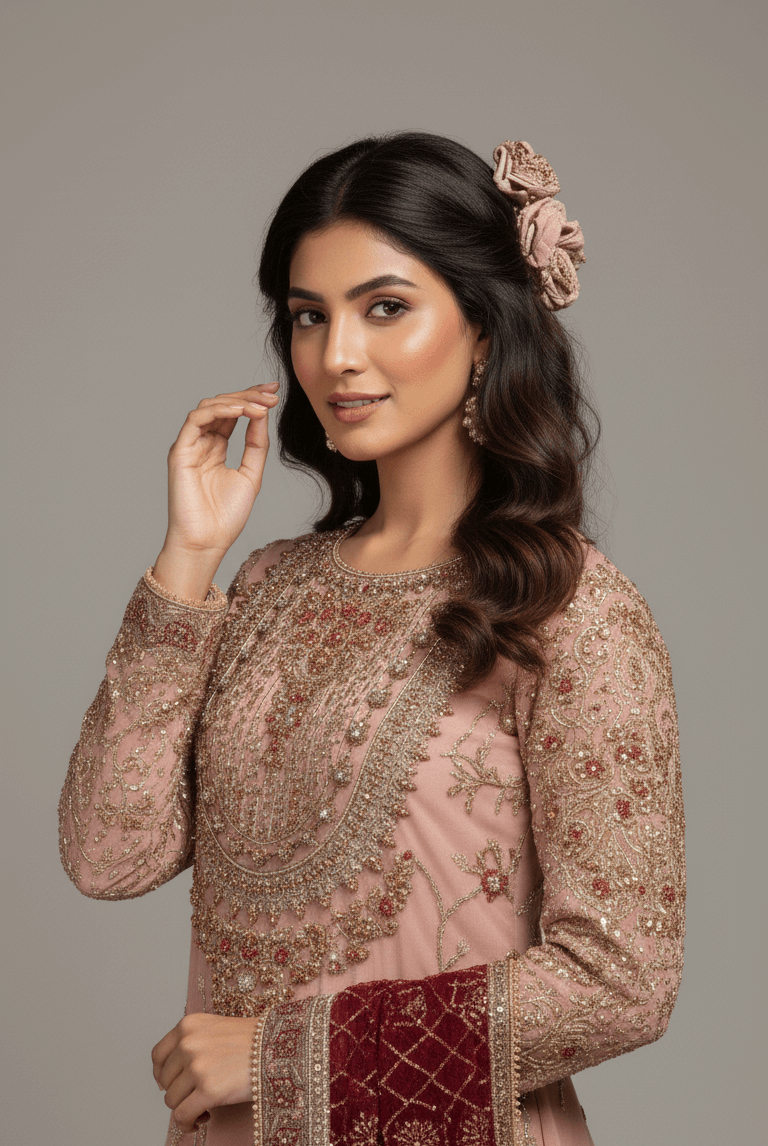 Tea pink chiffon Pakistani women's straight shirt with plazo side view