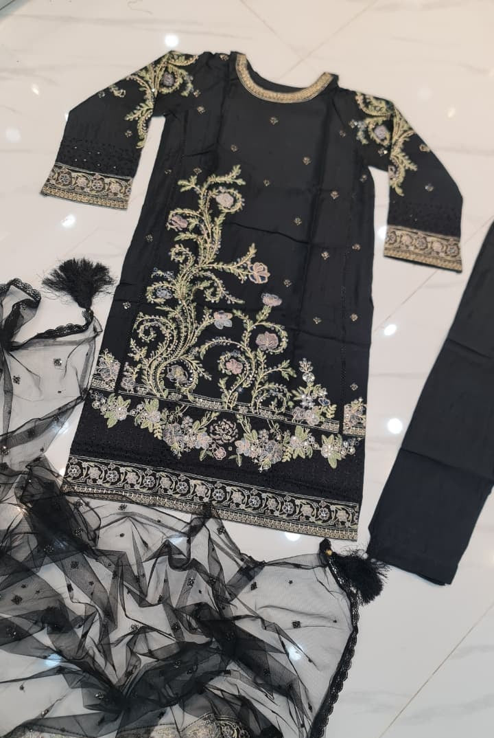 Linen straight shirt black - Pakistani women's casual summer outfit with soft net dupatta front view