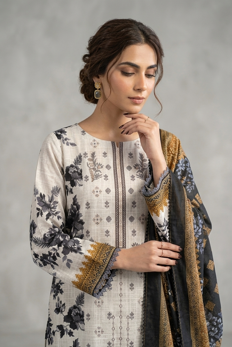 White khaddar Pakistani women's straight shirt side view