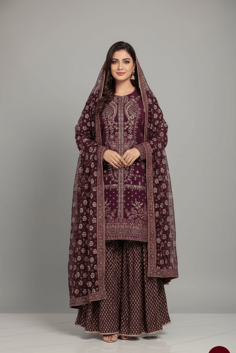 Chiffon straight shirt gharara purple - Pakistani women's festive party wear with jamawar trouser and chiffon dupatta front view