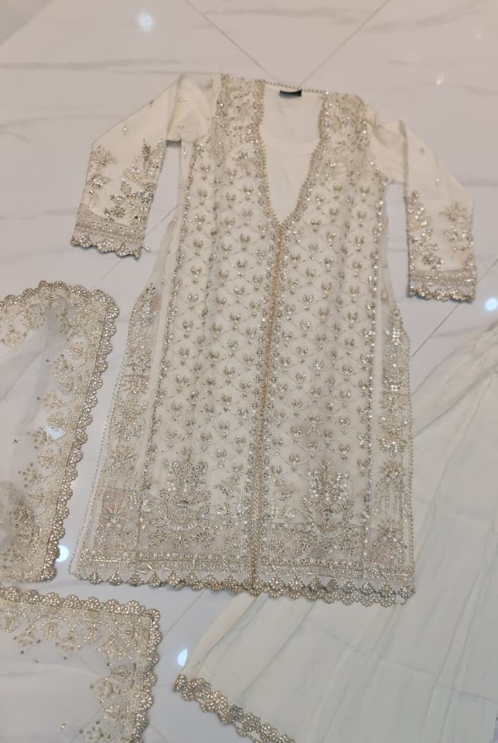 Off white organza Pakistani women's straight shirt with plazo back view