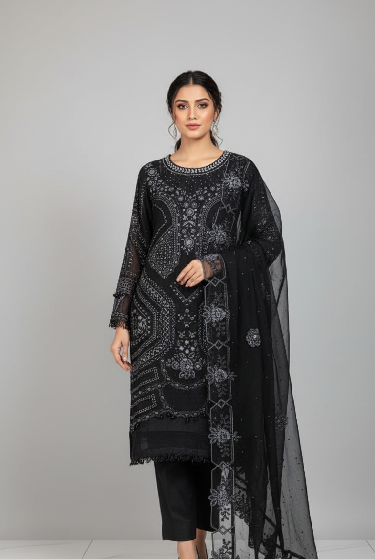 Chiffon straight shirt black - Pakistani women's elegant formal wear with grip trouser and chiffon dupatta front view