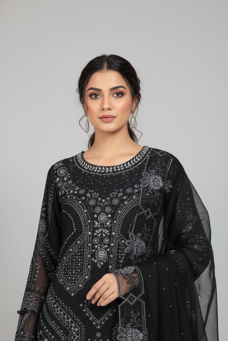 Black chiffon Pakistani women's straight shirt side view
