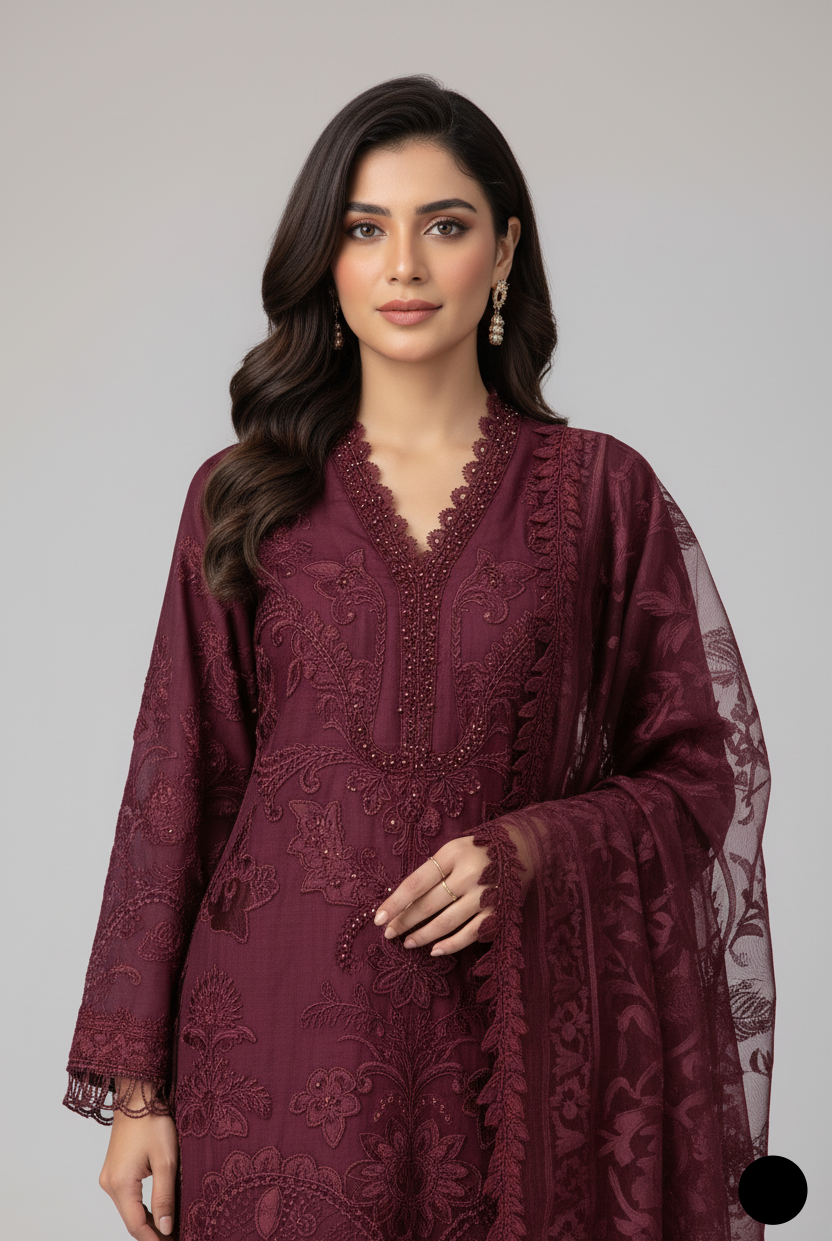 Maroon chiffon Pakistani women's A-Line shirt side view